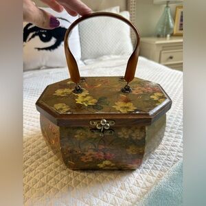Vintage Decoupage Wooden Purse with Lucite handle and Brass hardware